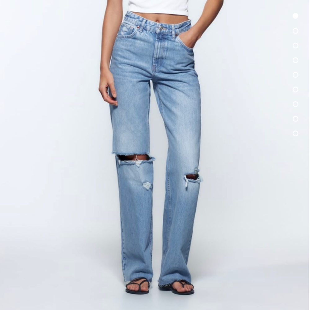 Zara- High Rise Ripped Wide Leg Jeans